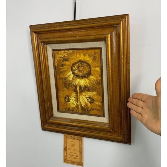 60s Vintage Original Oil Painting Small 17.5 x 15.5" Sunflowers with Frame 6390 - Picture 1 of 10
